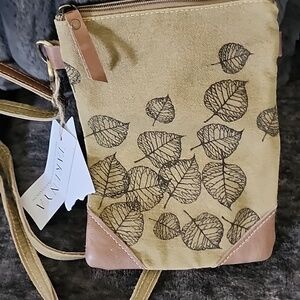 Leaf-Print Tan Canvas Crossbody Bag with Adjustable Strap